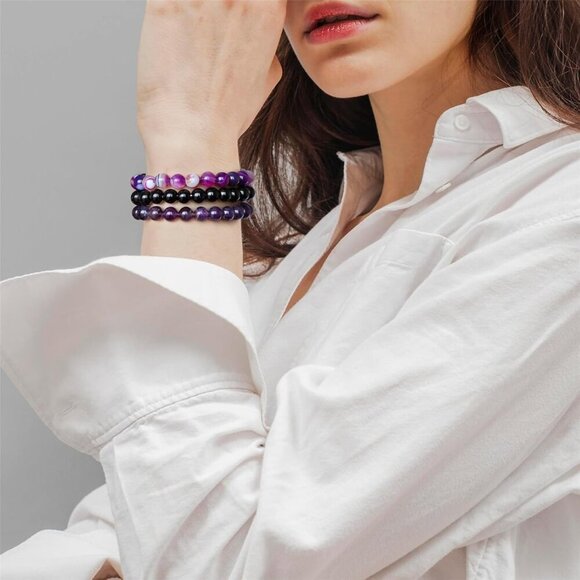 3PCS Purple Agate Crystal Natural Stone Beaded Stretch Bracelet for Women - Picture 2 of 6